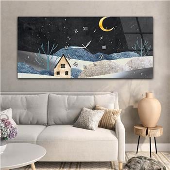 Yatay Ortadan Saatli  Sanat ve Doğa Temalı Cam Tablo 019