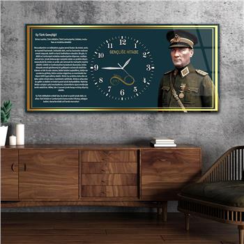 Asker Mustafa Kemal Atatürk ve Gençliğe Hitabesi Saatli Cam Tablo 040