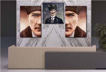  MUSTAFA KEMAL ATATÜRK GÖRSELLİ CAM TABLO CAM SAAT SETİ 