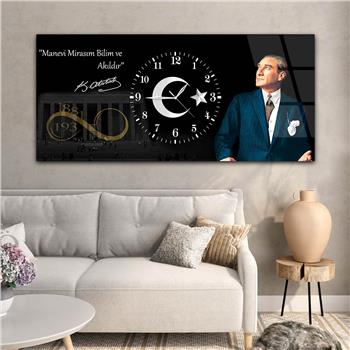 Yatay Ortadan Saatli  Vatan Temalı Cam Tablo 022