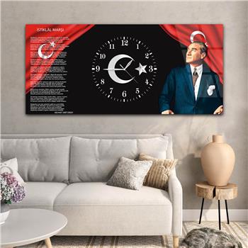 Yatay Ortadan Saatli  Vatan Temalı Cam Tablo 007
