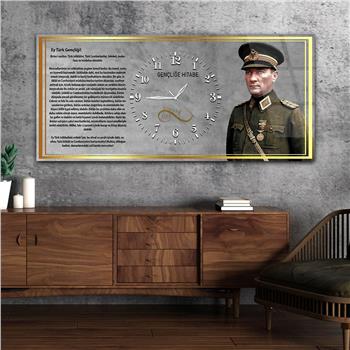 Mareşal Mustafa Kemal Atatürk ve Gençliğe Hitabesi Saatli  Vatan Temalı Cam Tablo 041