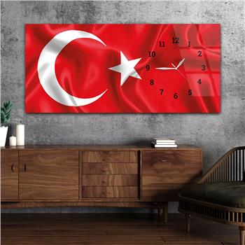 Türk Bayrağı Saatli Cam Tablo Yatay Saatli Yandan Vatan Temalı Cam Tablo 005