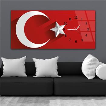 Türk Bayrağı Saatli Cam Tablo Yatay Saatli Yandan Vatan Temalı Cam Tablo 006