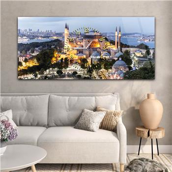 Yatay Ortadan Saatli  Dini Temalı Cam Tablo 009