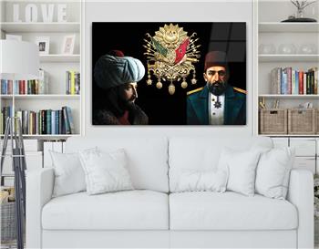 F.SULTAN MEHMET HAN VE ABDULHAMİD HAN OSMANLI DEVLET ARMALI CAM TABLO