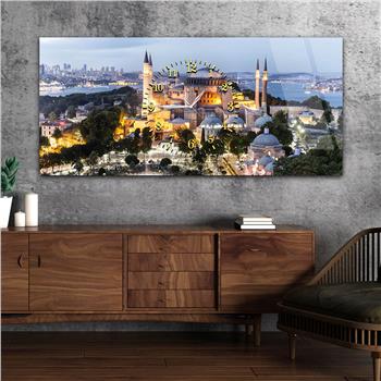Yatay Ortadan Saatli  Dini Temalı Cam Tablo 009