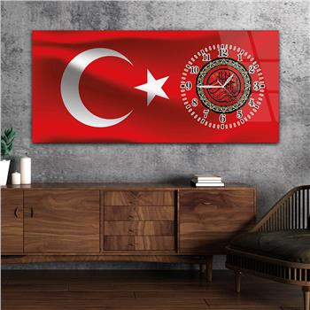 Yatay Saatli Yandan Vatan Temalı Cam Tablo 012