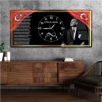 Gold Çerçeve Görselli İstiklal Marşı ve Atatürk Yatay Ortadan Saatli  Vatan Temalı Cam Tablo 044