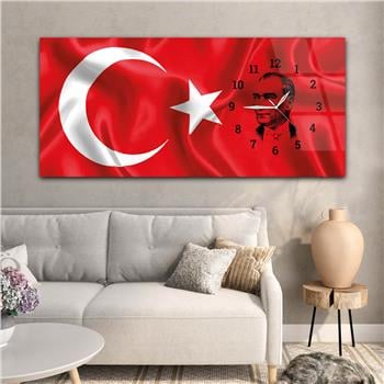 Türk Bayrağı ve Atatürk Saatli Cam Tablo Yatay Saatli Yandan Vatan Temalı Cam Tablo 004