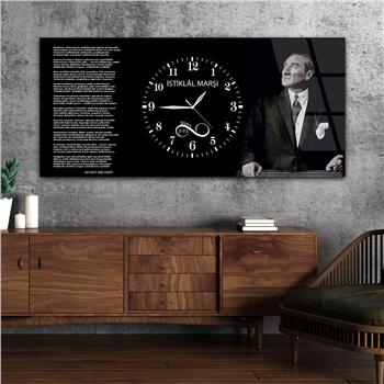 Mustafa Kemal Atatürk , İstiklal Marşı ve 1881-1938 Yazılı Saatli  Vatan Temalı Cam Tablo 045