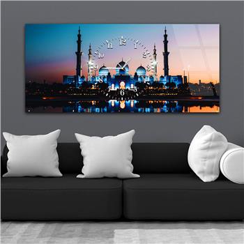 Yatay Ortadan Saatli  Dini Temalı Cam Tablo 018