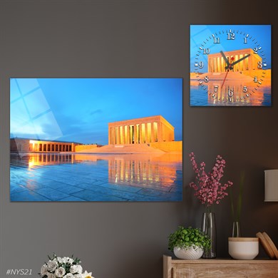 Tempered Glasss Wall Arts Art-Themed Set with Square Clock