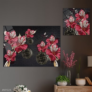 Tempered Glasss Wall Arts Art-Themed Set with Square Clock