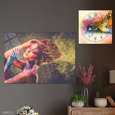 Tempered Glasss Wall Arts Art-Themed Set with Square Clock