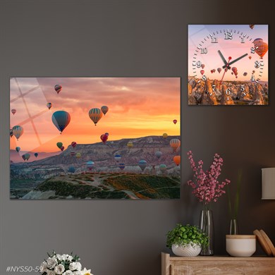 Tempered Glasss Wall Arts Art-Themed Set with Square Clock