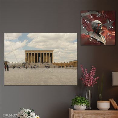 Tempered Glasss Wall Arts Art-Themed Set with Square Clock