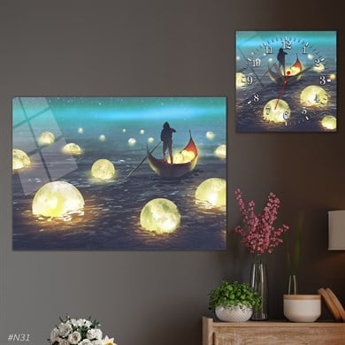 Sanat Temalı Cam Tablo Kare Cam Saat Seti