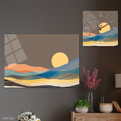 Tempered Glasss Wall Arts Art-Themed Set with Square Clock