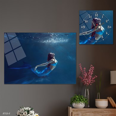 Tempered Glasss Wall Arts Art-Themed Set with Square Clock