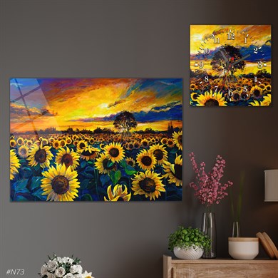 Sanat Temalı Cam Tablo Kare Cam Saat Seti