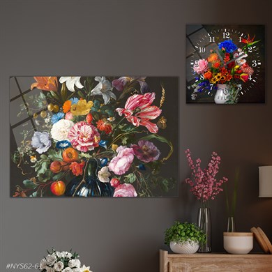 Tempered Glasss Wall Arts Art-Themed Set with Square Clock