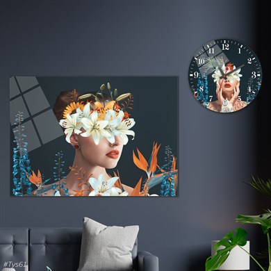 Sanat Temalı Cam Tablo Yuvarlak Cam Saat Seti