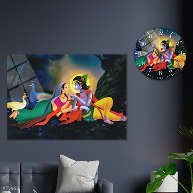 Sanat Temalı Cam Tablo Yuvarlak Cam Saat Seti