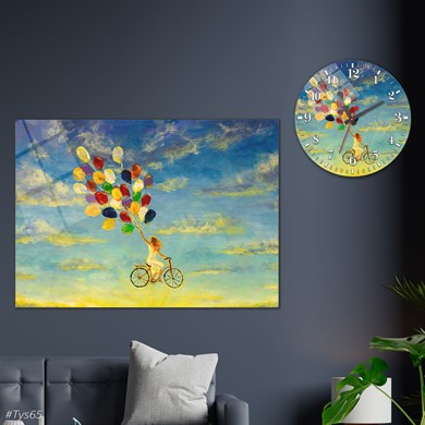 Sanat Temalı Cam Tablo Yuvarlak Cam Saat Seti