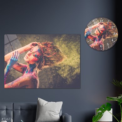 Sanat Temalı Cam Tablo Yuvarlak Cam Saat Seti
