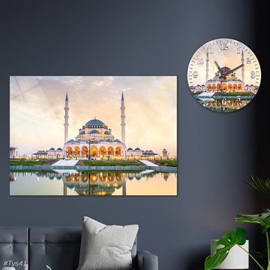 Dini Temalı Cam Tablo Yuvarlak Cam Saat Seti
