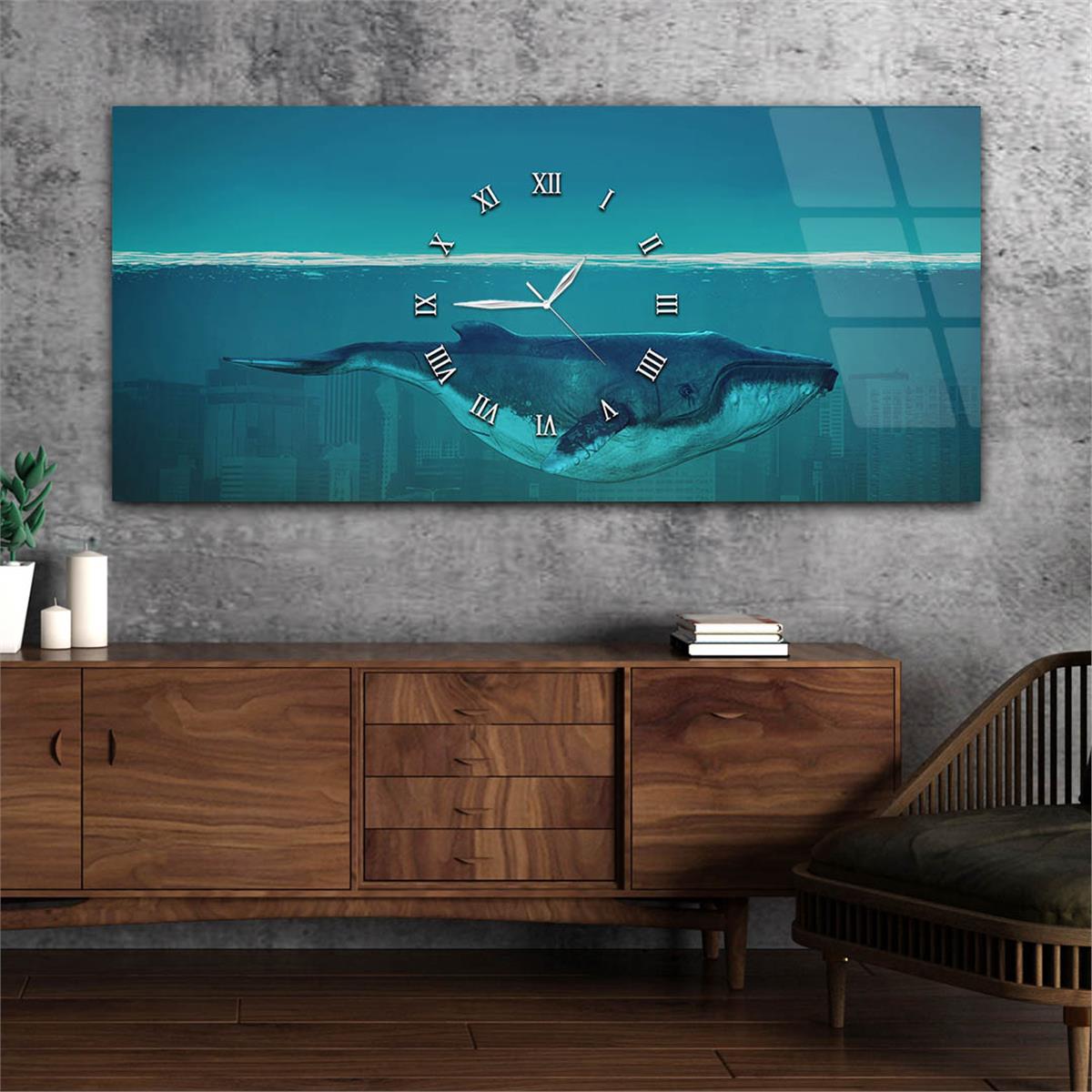 Yatay Ortadan Saatli  Sanat ve Doğa Temalı Cam Tablo 018