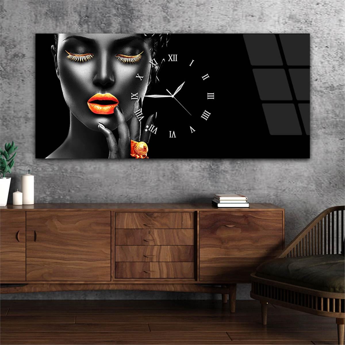 Yatay Ortadan Saatli  Sanat ve Doğa Temalı Cam Tablo 024