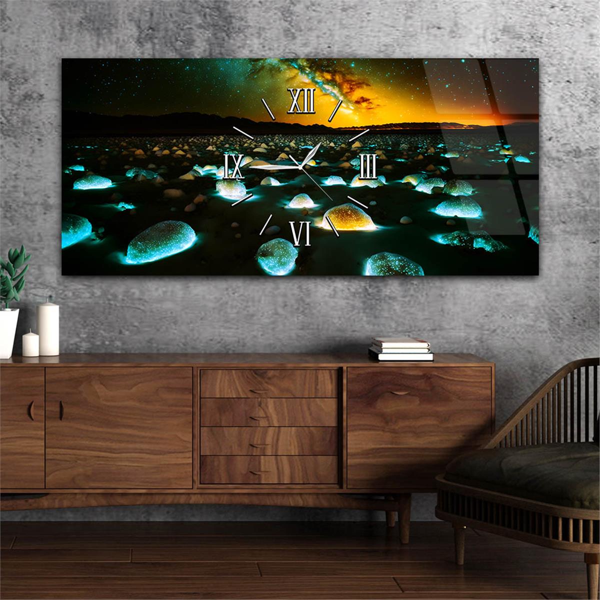Yatay Ortadan Saatli  Sanat ve Doğa Temalı Cam Tablo 096