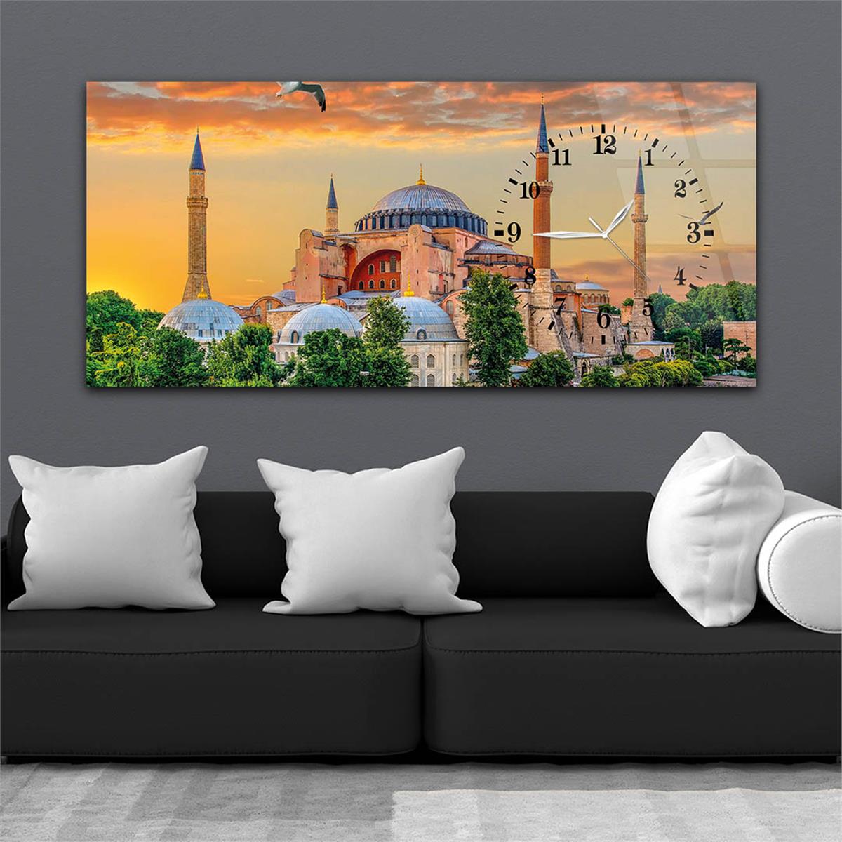 Yatay Saatli Yandan Dini Temalı Cam Tablo 028