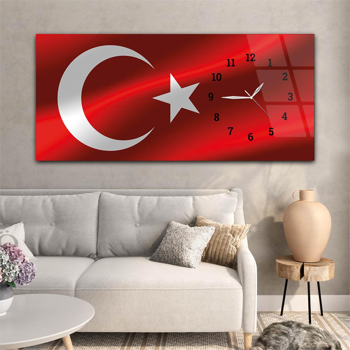 Türk Bayrağı Saatli Cam Tablo Yatay Saatli Vatan Temalı Cam Tablo 003