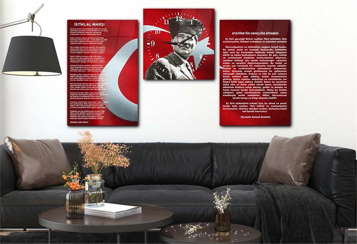 İSTİKLAL MARŞI MUSTAFA KEMAL ATATÜRK GÖRSELLİ CAM TABLO CAM SAAT SETİ 
