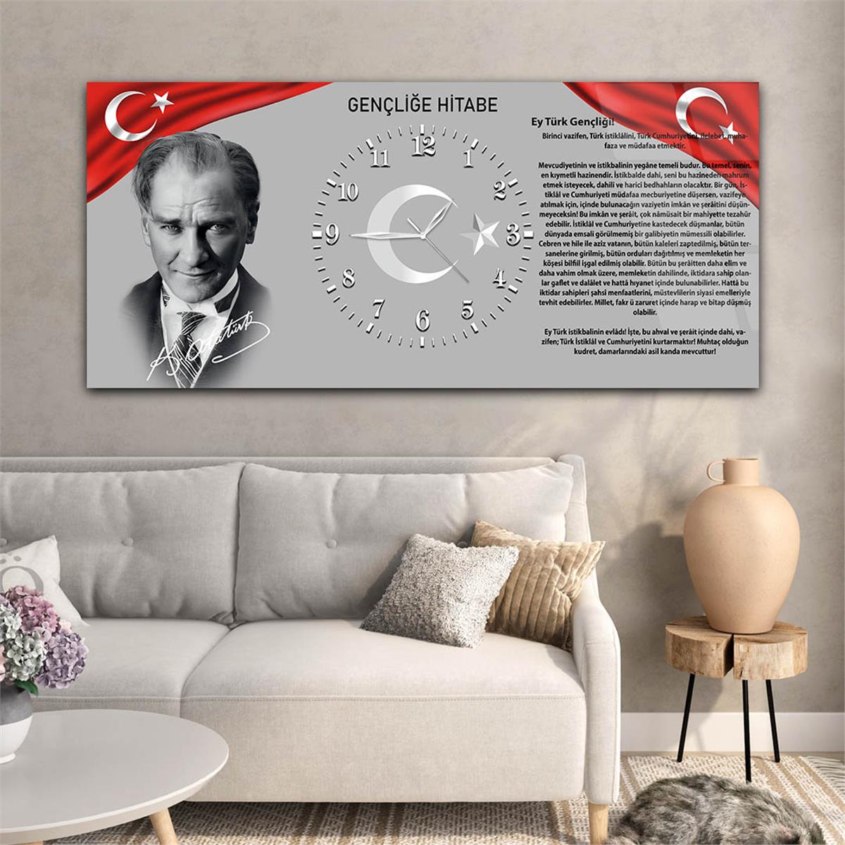 Yatay Ortadan Saatli  Vatan Temalı Cam Tablo 010