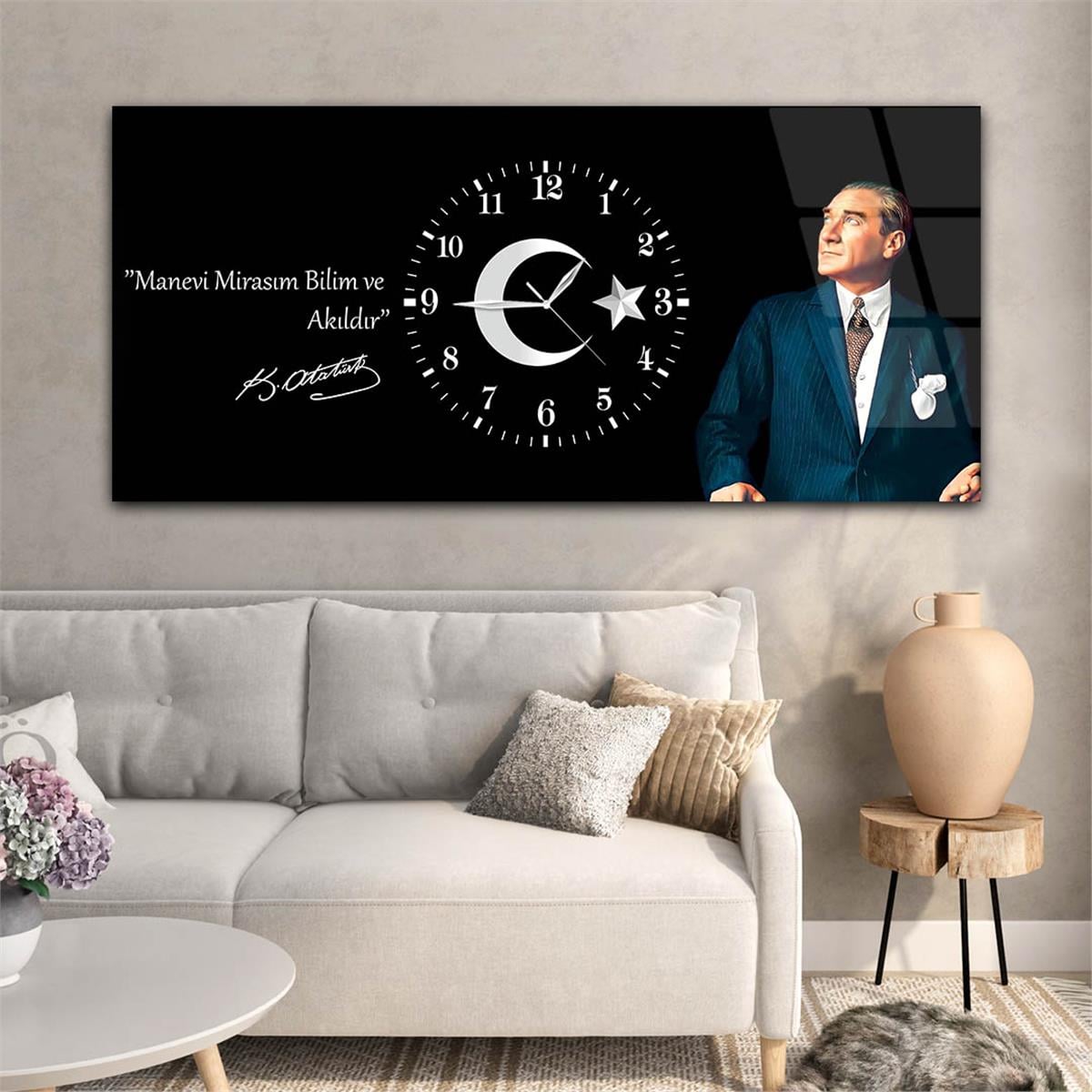 Yatay Ortadan Saatli  Vatan Temalı Cam Tablo 020