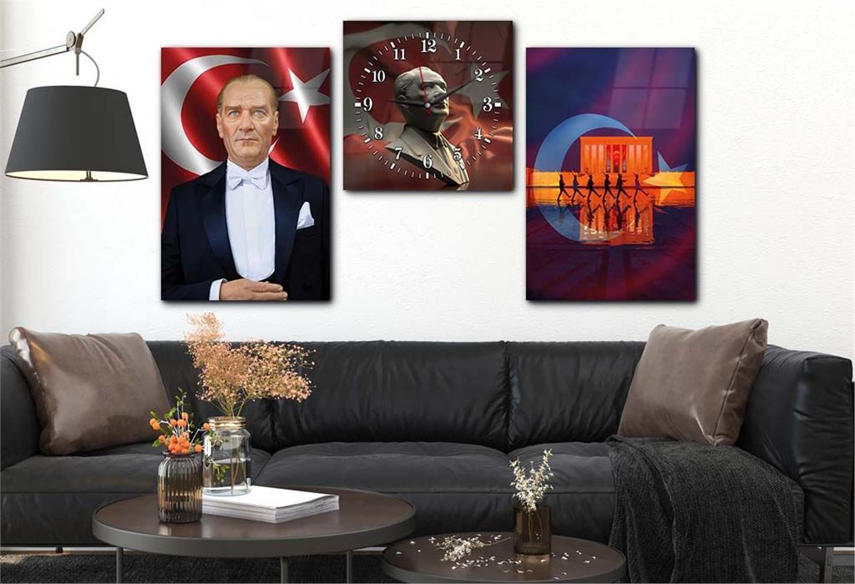 MUSTAFA KEMAL ATATÜRK VE ANITKABİR GÖRSELLİ GÖRSELİ CAM TABLO SAAT SETİ 