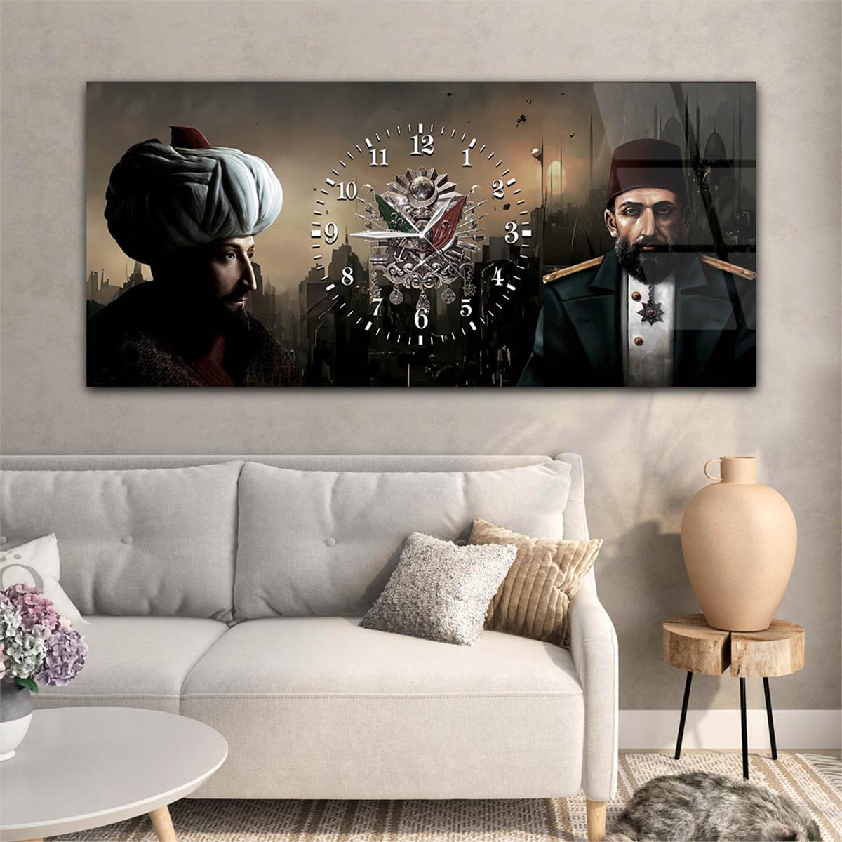 Fatih Sultan Mehmet Han Abdülhamit Han ve Osmanlı Tuğralı Saatli Cam Tablo 076