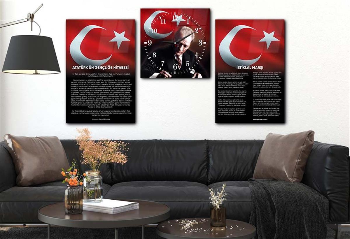 İSTİKLAL MARŞI MUSTAFA KEMAL ATATÜRK GÖRSELLİ CAM TABLO CAM SAAT SETİ 