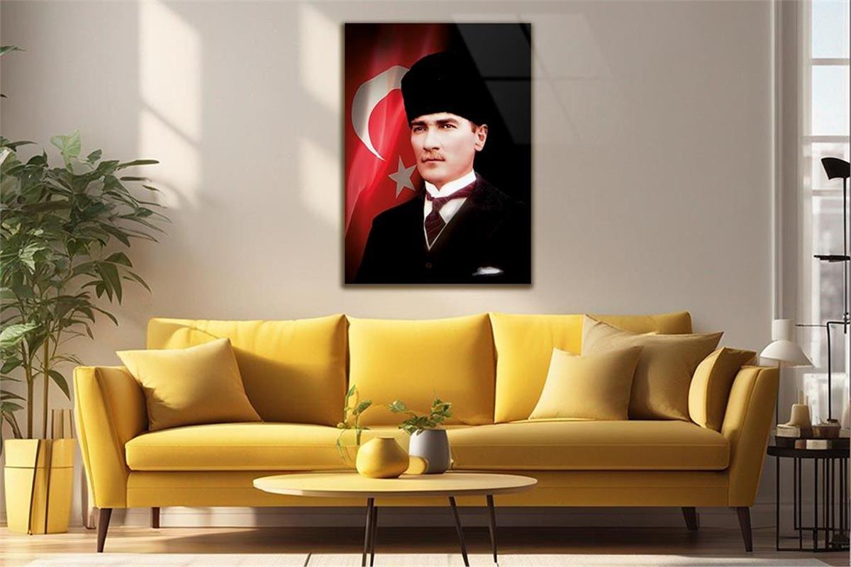 MUSTAFA KEMAL ATATÜRK ve TÜRK BAYRAĞI GÖRSELLİ  CAM TABLO