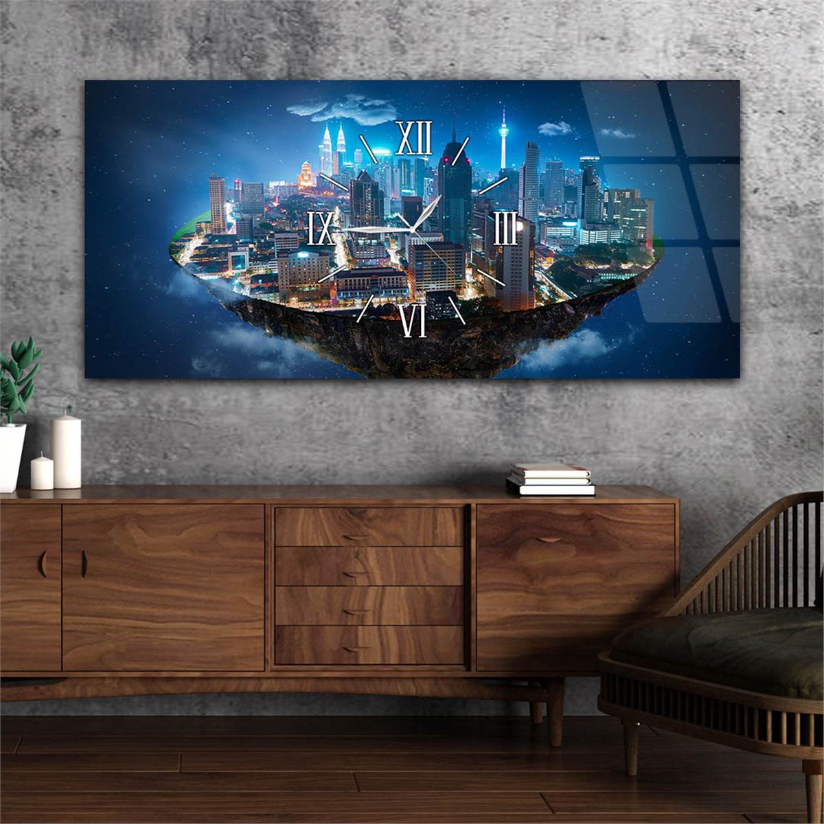 Yatay Ortadan Saatli  Sanat ve Doğa Temalı Cam Tablo 052