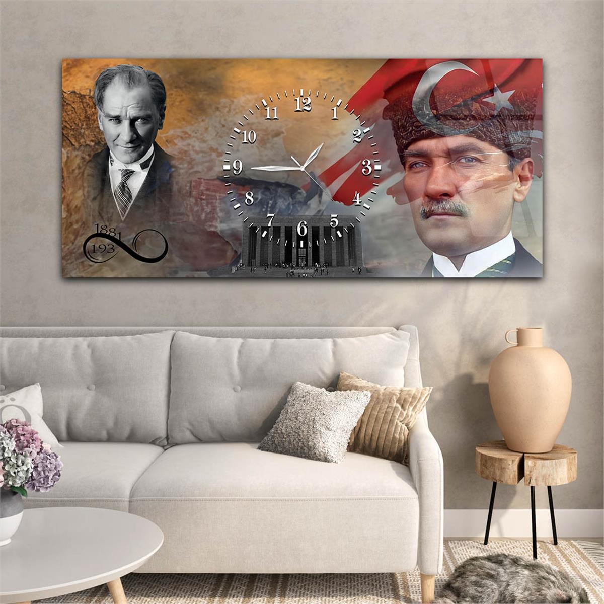 Türk Bayrağı , Atatürk ve Anıtkabir Saatli Cam Tablo 068