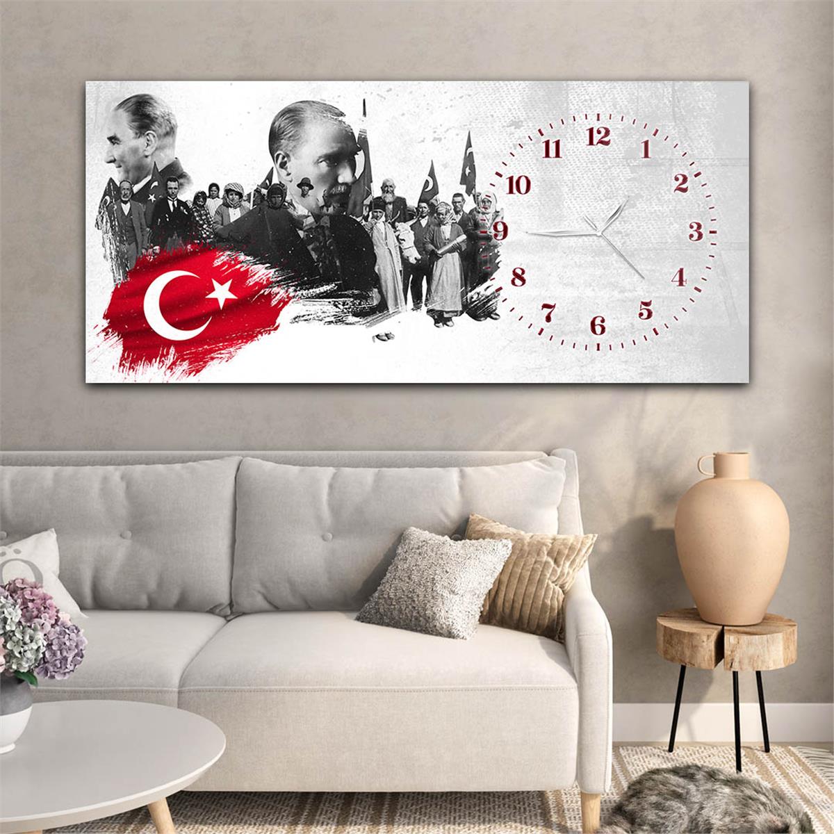 Yatay Saatli Yandan Vatan Temalı Cam Tablo 026