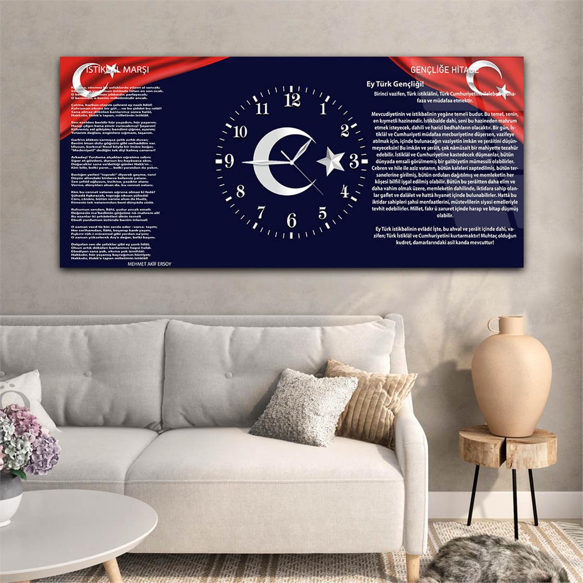 Yatay Ortadan Saatli  Vatan Temalı Cam Tablo 006