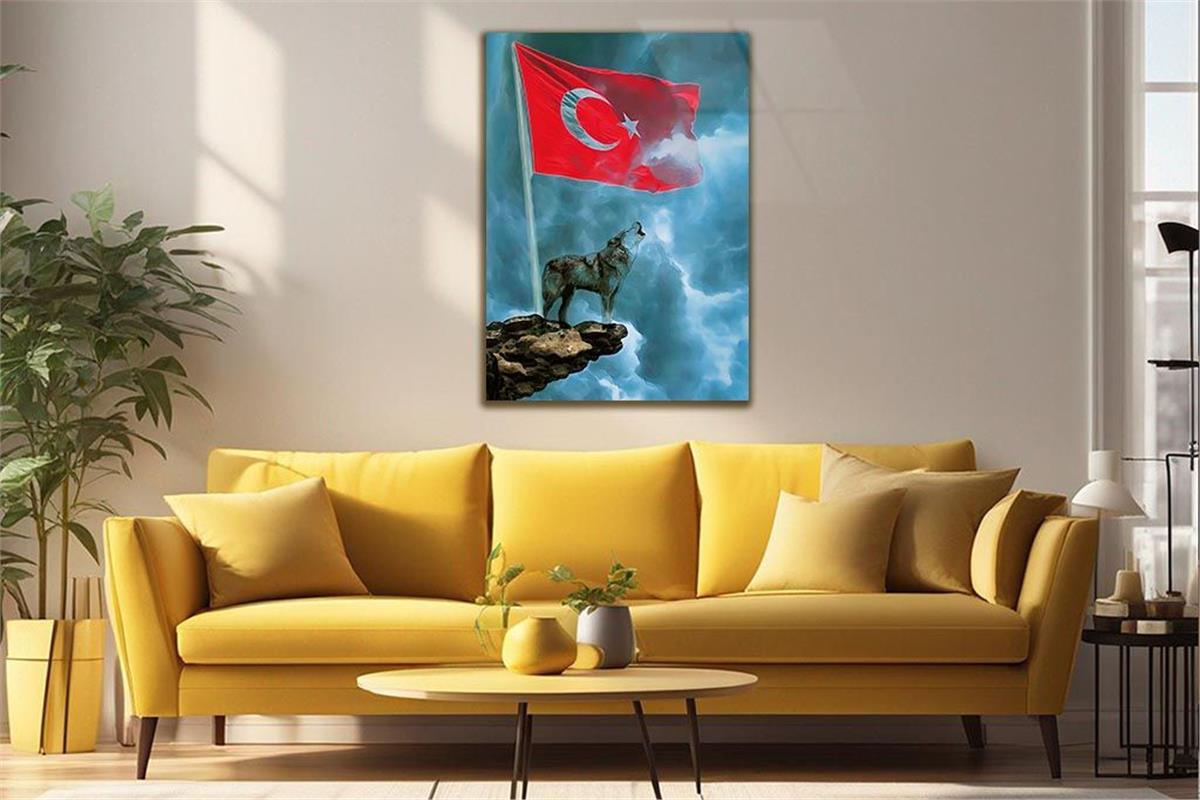 TÜRK BAYRAĞI VE KURT GÖRSELLİ CAM TABLO 