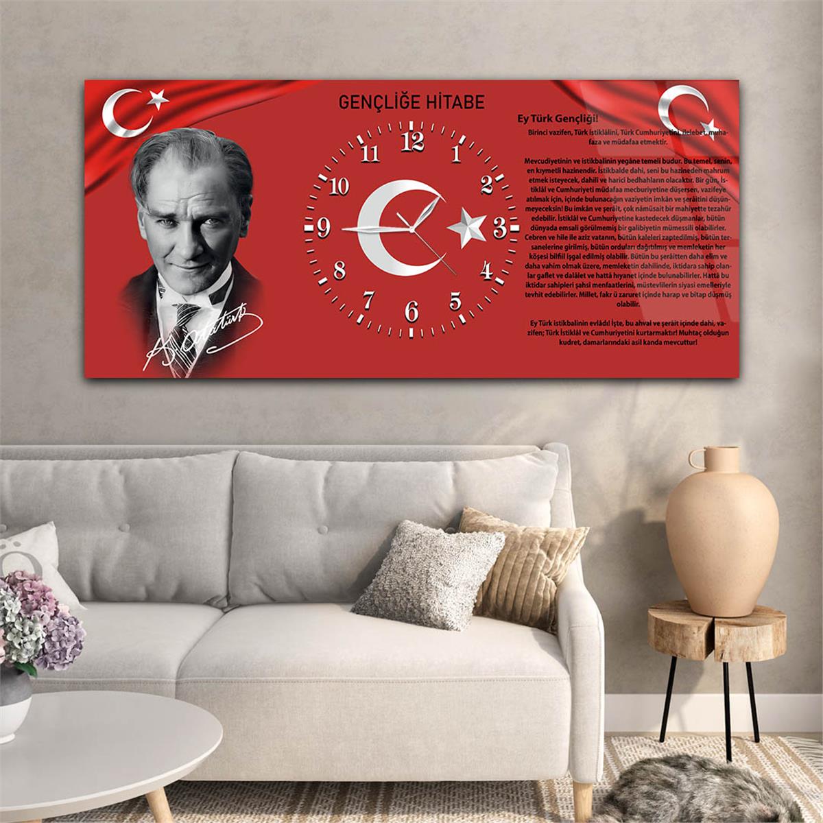 Yatay Ortadan Saatli  Vatan Temalı Cam Tablo 011