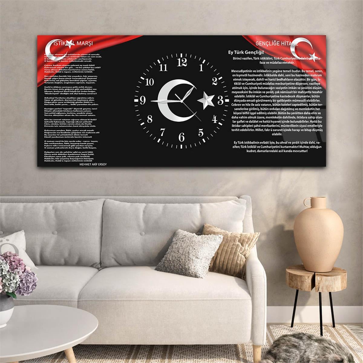 Yatay Ortadan Saatli  Vatan Temalı Cam Tablo 005